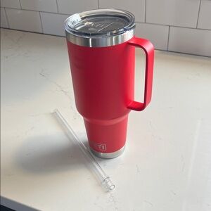 YETI Red Tumbler with Handle and Straw